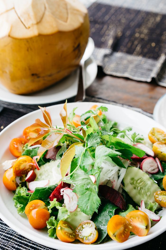 why-choose-us Healthy fresh salad with cucumbers, tomatoes, and tropical coconut in Bali.